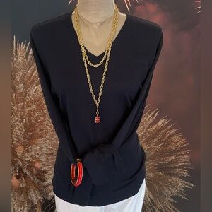 J Jill Ribbed Navy V-Neck Pullover Size Large
